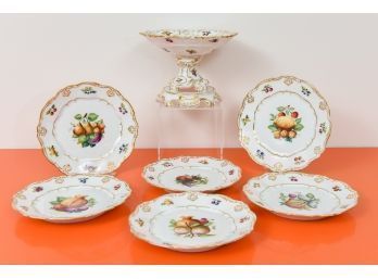 Set Of Six Vintage Hand Painted Fruit Design Plates And Pedestal Bowl