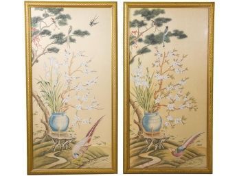 Pair Of Framed Watercolor Paintings On Silk Depicting A Garden Scene