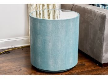 Turquoise Faux Shagreen Round Side Table With Speckled Mirrored Top