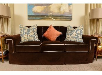Luxurious Ferguson Copeland Chocolate Brown Three Cushion Upholstered Sofa With White Piping