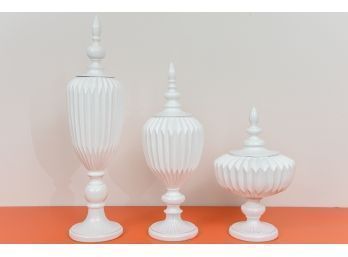 Set Of Three Fluted Decorative Urns With Removable Lids