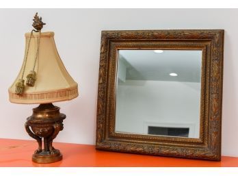 Brass Table Lamp And Gilt Carved Wood Wall Mirror