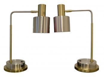 Pair Of West Elm Marriott Cylinder Task Table Lamps With USB Port