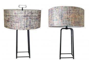 Pair Of Griffith Bronze Iron Lamps With Recycled Woven Newsprint Shades