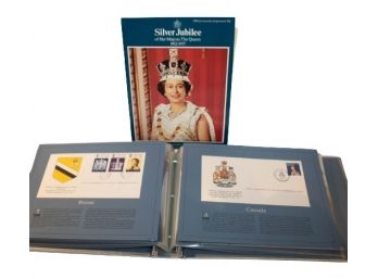 Queen Elizabeth II Silver Jubilee Book Paired With The Royal Common Wealth Society Stamp Book