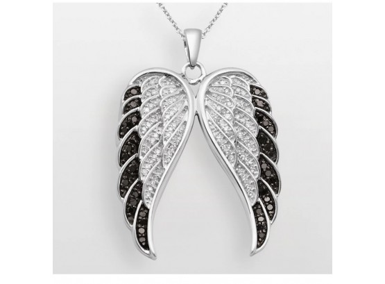 Sterling Silver With Black And White Diamonds Wing Pendant Necklace 18' In Box .spring Ring Clasp