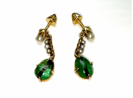 18K Gold With Pearl  And Emerald Earrings . Fabulous !