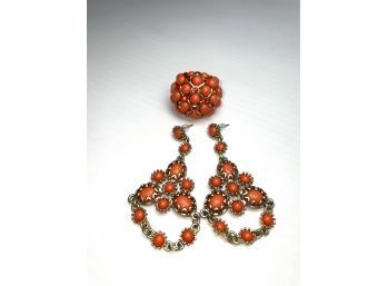 Coral Tone Costume Earrings And Ring