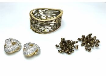 Costume Jewelry Hinge Cuff Bracelet And Clip Earrings