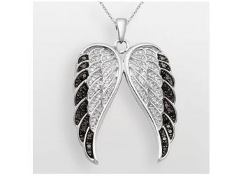 Sterling Silver With Black And White Diamonds Wing Pendant Necklace 18' In Box .spring Ring Clasp