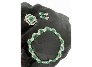 Cubic Zirconia / Green Gemstone Necklace ,Earrings And Brooch