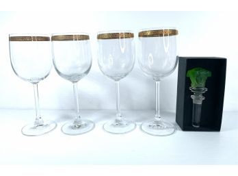 Gianni Versace Rosenthal Bottle Topper And  Four Gilded Band Wine  Glasses