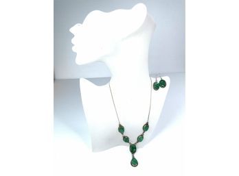 Sterling Silver And Jade Necklace And Earrings