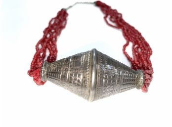 Sterling Silver Pendent  And Red Beaded Necklace