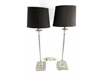 Brushed Stainless Steel Lamps'Pair' With Glass Ball Accents And Black Shades. 31' Inches