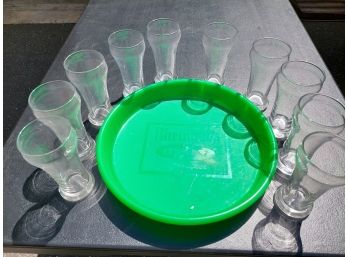 Vintage Plastic Rheingold Serving Tray And 10 Vintage Beer Glasses