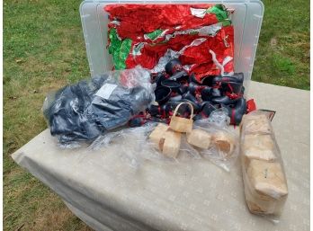 Large Lot Of Plastic Black Santa Boots, Baskets And Colored Foil
