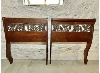 Pair Of Dark Stained Pine Twin Bed Frames With Oak Leaf And Acorn Ironwork