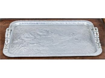 Vintage Rectangular Metal Hand-Wrought Tray With Floral Handles