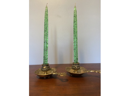 PAIR 11 Inch Green And Gold Flake Lucite Candles