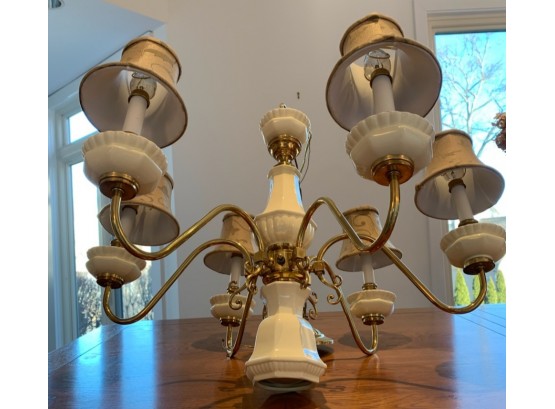 Brass And Porcelain Chandelier.