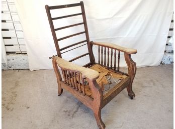 Handsome Antique Reclining Wood & Brass Morris Chair With Casters
