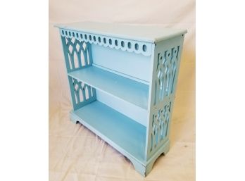 Cute Wood Turquoise Wood Bookcase With Pretty Fretwork