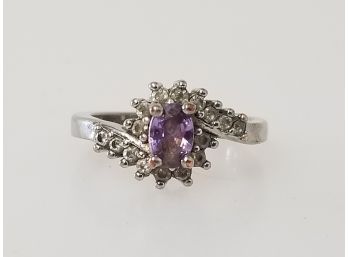 Purple Oval Cut Alexandrite & Rhinestones Sterling Silver Ring - Size 6.5