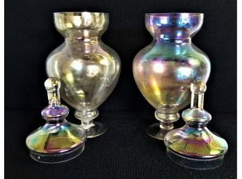 Two Large 22' Statement Apothecary Iridescent Glass Jars With Lids