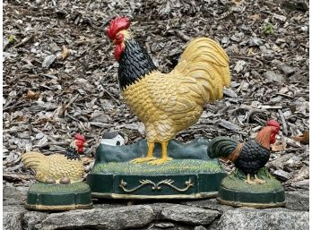 Antique Cast Iron Rooster Doorstops Large And Small