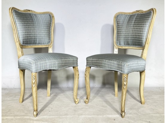 A Pair Of Vintage French Provincial Side Chairs In Satin Check Upholstery
