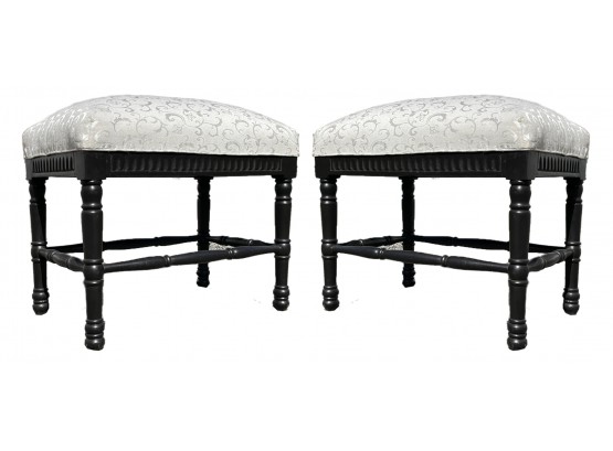 A Pair Of Indian Export Ebonized And Upholstered Ottomans
