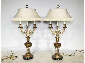 A Pair Of Brass Lamps On Marble Bases By Frederick Cooper