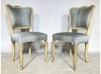 A Pair Of Vintage French Provincial Side Chairs In Satin Check Upholstery