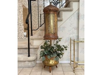 A Fabulous Mid Century Arabian Nights Pierced Brass And Copper Planter / Lamp Combo