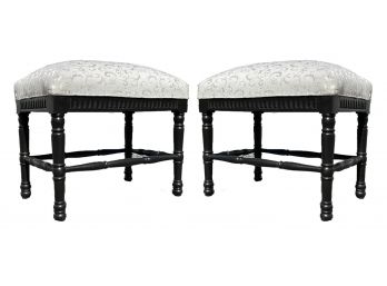 A Pair Of Indian Export Ebonized And Upholstered Ottomans
