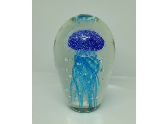 Unique Art Glass Blue Jellyfish Paperweight Sparkle Head, Tentacles & Bubbles