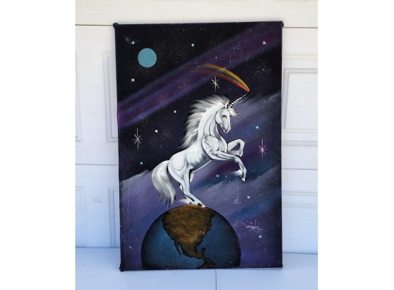 Unicorn In Space Stepping On Earth Spray Paint Art Signed Miguel