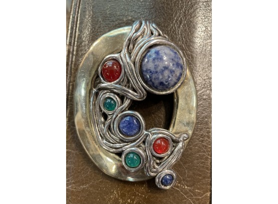Modern Israeli Sterling Pin Or Brooch Multi Stones 3 Inches Long X 2 1/2 Inches Wide