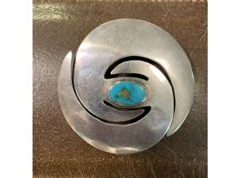 Vintage Modern Southwest Sterling Pin  Or Brooch Marked And Tested Sterling . Turquoise Oval Center Stone