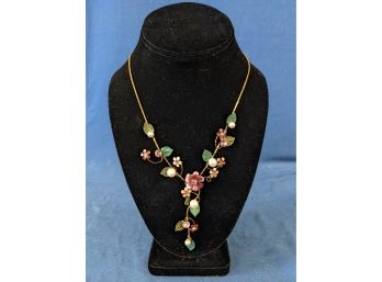 Stunning Elaborate Costume Necklace With Pink Flowers & Leaves