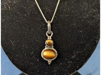 Double Tiger's Eye Cabochon Pendant On Sterling Silver Chain