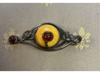 Vintage Brooch Or Pin . Sterling And Amber Stone  From Baltic Sea