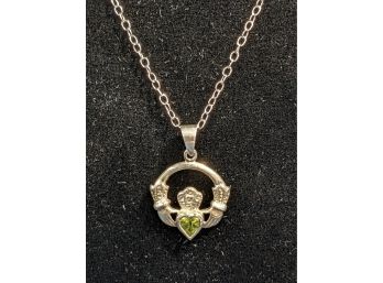 Sterling Silver And Peridot Claddagh Pendant On Silver Necklace