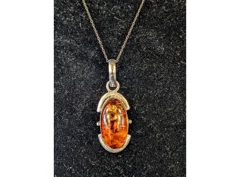 Sterling Silver Chain With Classic Silver And Amber Pendant