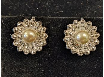 Vintage Style Sterling Screwback Pearl & Marcasite Earrings