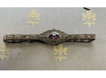 Antique Victorian Bracelet With Silver Filigree And Amethyst Stone In Center   .