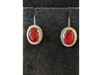 Lovely Bright Red (Magnesite?) & Sterling Silver Oval Pierced Earrings