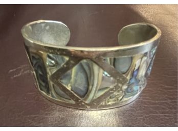 Mexican Silver Mother Of Pearl Cuff Bracelet . Hecho En Mexico Signed