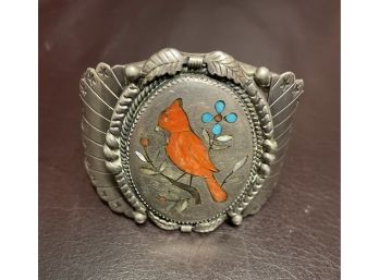 Vintage Navajo Eunice J. TSO Silver Cuff Bracelet . Red Cardinal Bird